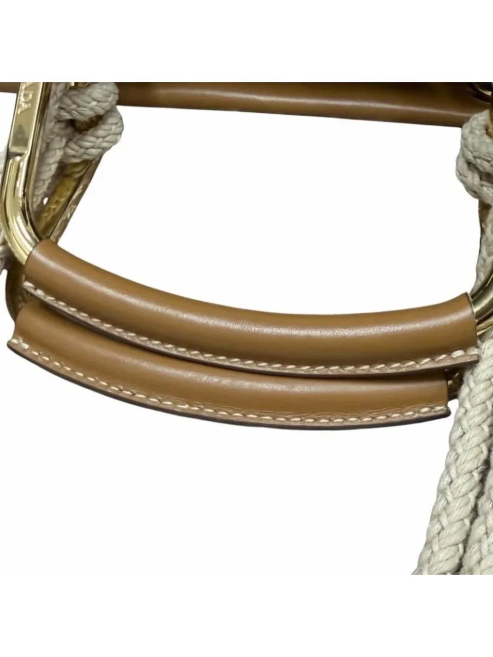 Prada Triangle Logo Stripe Leather Canvas Tote Brown White - Picture 7 of 14